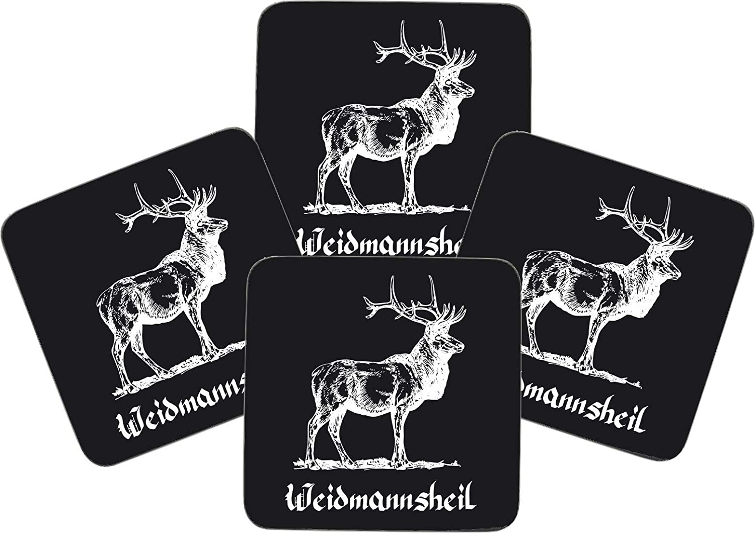 Untersetzer MDF/Kork - Bedruckt statt Gravur - 4er-Set - MDF-Platte 9,5cmx9,5cm - mit Korkrückseite zum Schutz - für den Jäger - Weidmannsheil Hirsch