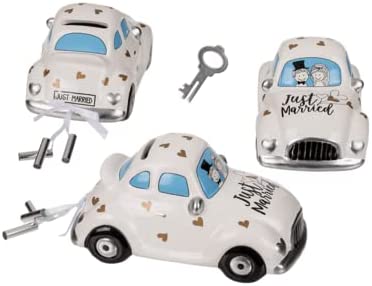 Spardose Keramik Auto - Hochzeitskasse, Flitterwochenkasse als Hochzeitsgeschenk - Just Married / Flitterwochen Hochzeitsauto ca.16x8,5cm