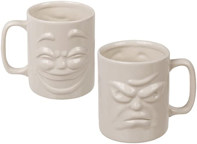 Tasse Kaffeebecher mit Henkel mit 2 verschiedenen 3D Gesichter Fröhlich oder Mürrisch eine Stimmungstasse