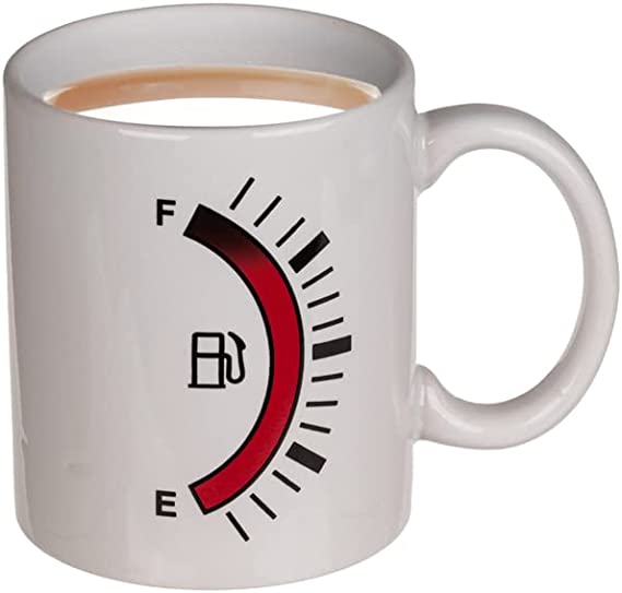 Tasse Kaffeebecher für den Motorsportfan- Weiße Tasse mit Tankanzeige welche bei Hitze reagiert und sich verfärbt