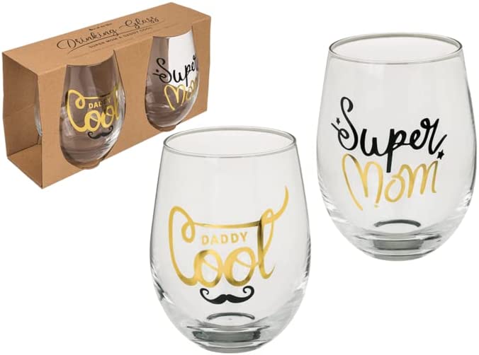 Bierglas Weinglas 2erSet - Super Mom & Cool Daddy - 100% Glas, 7x9cm 2-teilig, in Geschenkbox
