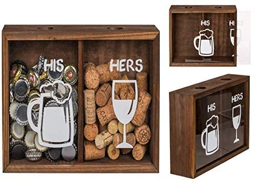 Sammelbox - Getränkedeckelsammler aus Holz für Kronkorken und Weinkorken, 29x20x7cm - Zwei getrennte Fächer HIS & Hers