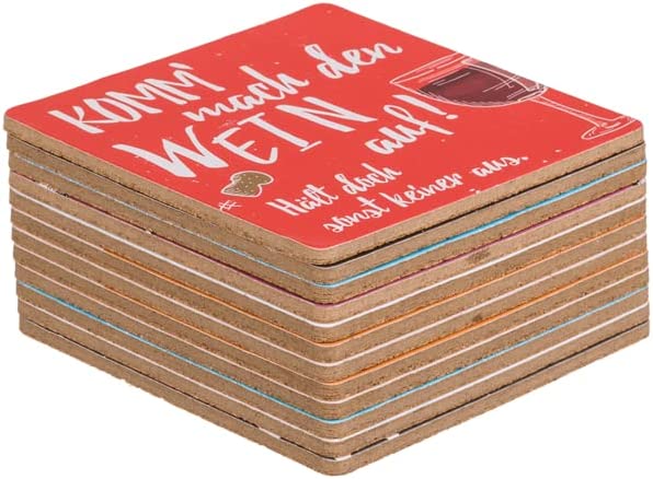 Bierdeckel Untersetzer 12tlg. aus Pappe/Kork - Sprüche-Set 9,5 x 9,5 cm mit 12 verschiedenen lustigen Sprüchen