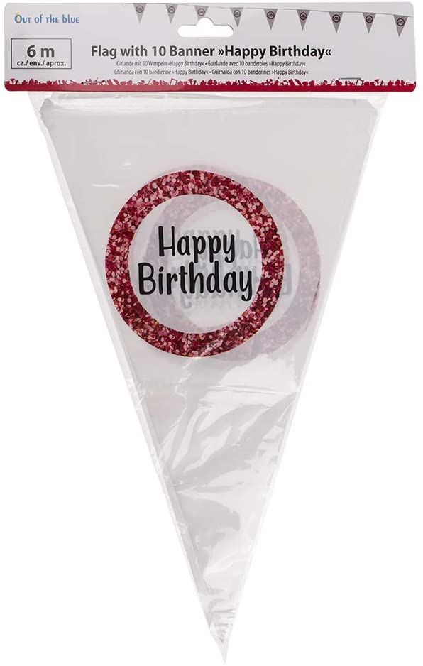 Geburtstag Wimpelgirlande Happy Birthday - mit 10 Wimpeln und Einer Länge von ca. 6m - DEKO zum Geburtstag - Kunststoffwimpel Aufdruck Happy Birthday