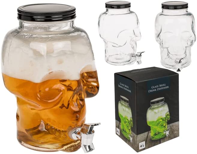 Getränkespender mit Zapfhahn in Form eines Totenkopf Skull aus Glas, Einmachglas mit Metalldrehverschluß, Fassungsvermögen ca. 4 Liter