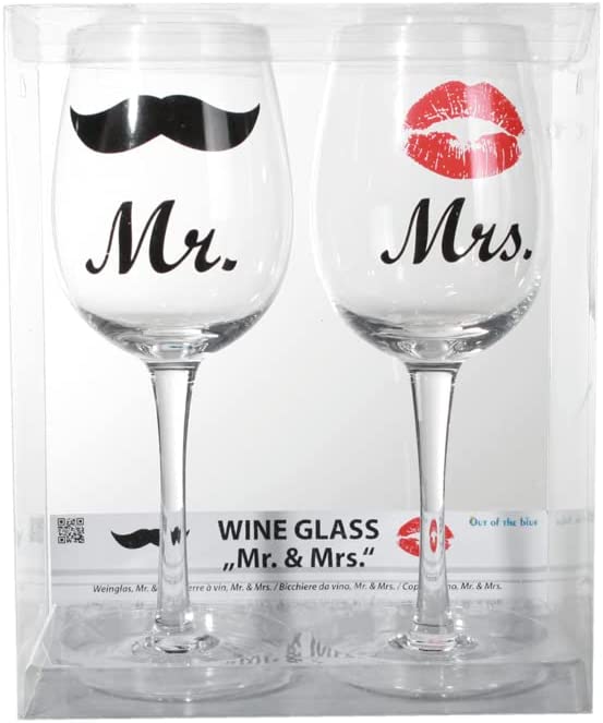 Bierglas Weinglas 2erSet - Kussmund Mrs. & Schnurbart Mr. - 100% Glas, Fassungsvermögen 430 ml. 2-teilig, in PVC-Geschenkbox