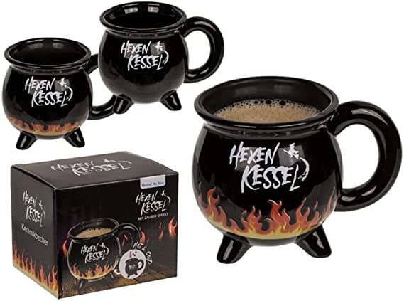 Tasse Kaffeebecher für Zauberer und Hexen - Schwarze Tasse mit Aufdruck Hexenkessel und Flammen welche bei Hitze reagieren und sich verfärben