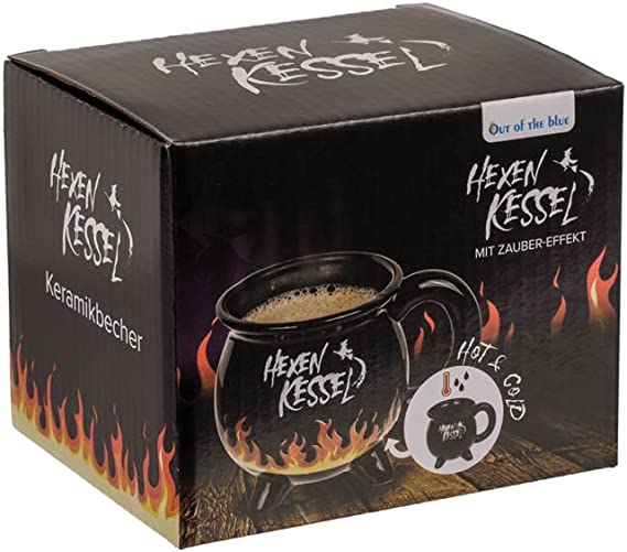 Tasse Kaffeebecher für Zauberer und Hexen - Schwarze Tasse mit Aufdruck Hexenkessel und Flammen welche bei Hitze reagieren und sich verfärben