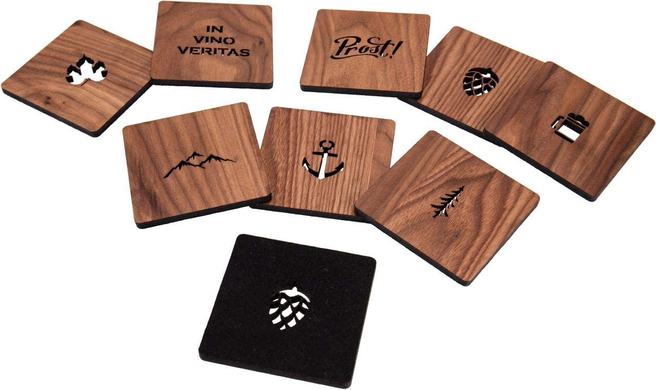 Untersetzer Holz aus Nussbaum - 4er-Set - 10cmx10cmx0,5cm - mit Filzrückseite zum Schutz - Motiv: Prost