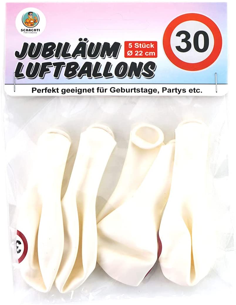 Luftballon 30 - 5 Stück Packung - DEKO zum 30. Geburtstag - Latexballon bedruckt mit Verkehrsschild Zahl 30