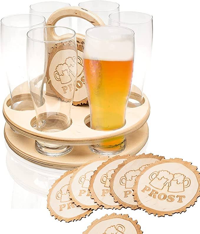 Weizenbierglas Set 6 Gläser + 6 Holz Bierdeckel - Weizenglas Bierträger - Geschenk zum Geburtstag/Vatertag - Holztablett mit Griff