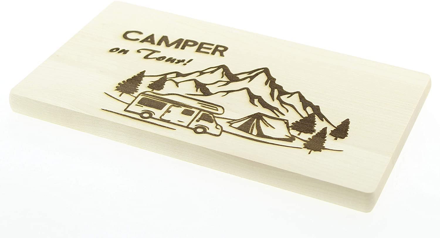 Schneidebrett mit Gravur, Brotzeitbrett Jausenbrett Holz AHORN, Küchenutensilien, Motiv Thema Camping - Camper on Tour