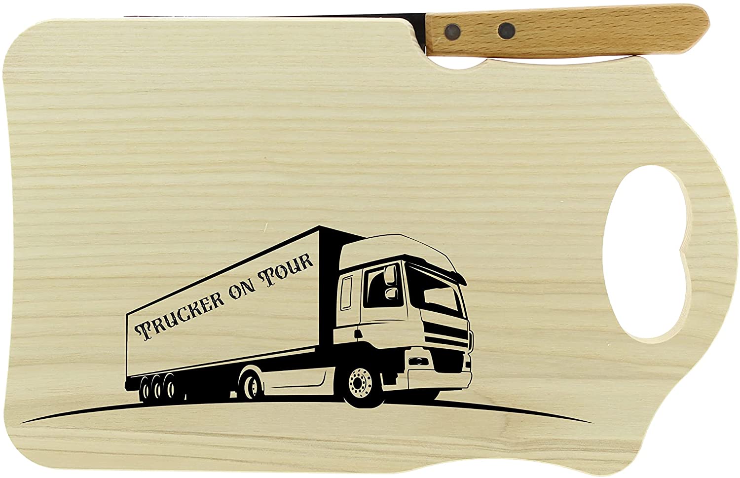 Schneidebrett mit Messer und Gravur Brotzeitbrett Jausenbrett Holz ESCHE, Küchenutensilien, Motiv zum Thema Trucker & Asphaltcowboys - Trucker On Tour