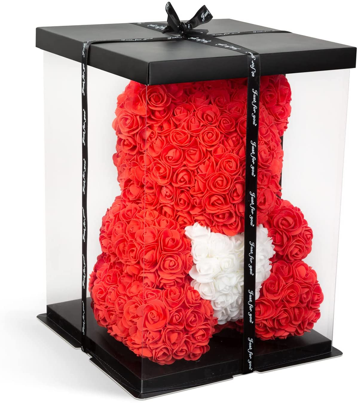 Blumenbär Rosenbären mit Schleife inklusive Geschenkbox Valentinstag Muttertag Geburtstag Jahrestag Bär aus Rosen Teddybär Blütenbär Rot