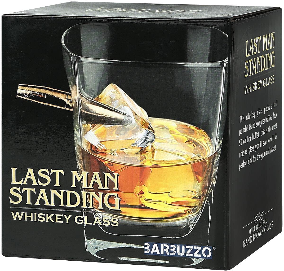 Whisky Whiskey Glas mit Patrone Caliber 50, Old Fashioned Handgeblasen Whiskygläser, Geschenkidee für Männer für Whisky, Scotch, Bourbon - ca. 295 ML