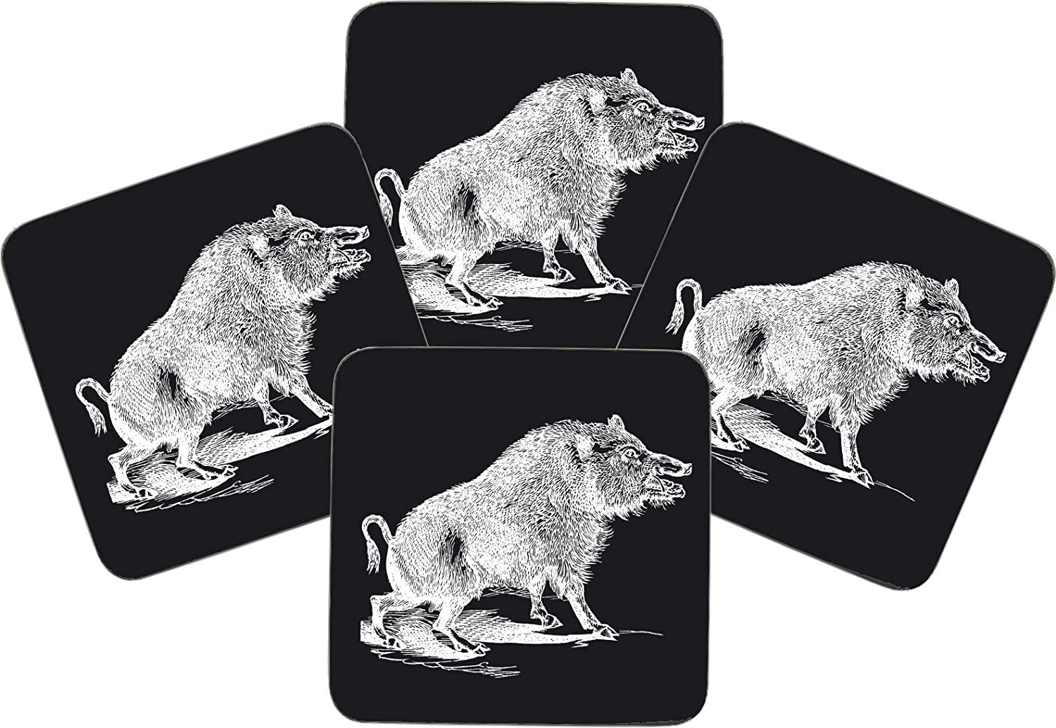Untersetzer MDF/Kork - Bedruckt statt Gravur - 4er-Set - MDF-Platte 9,5cmx9,5cm - mit Korkrückseite zum Schutz - für den Jäger - Wildschwein