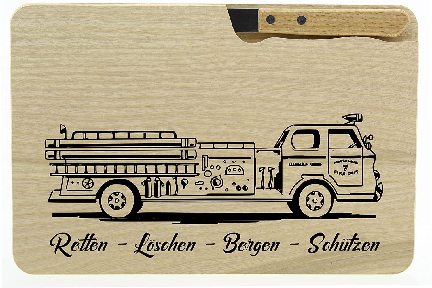 Schneidbrett mit Messer & Gravur - Holz ESCHE - Feuerwehrmann & Firefighter - Feuerwehrwagen Retten-Bergen-Löschen-Schützen