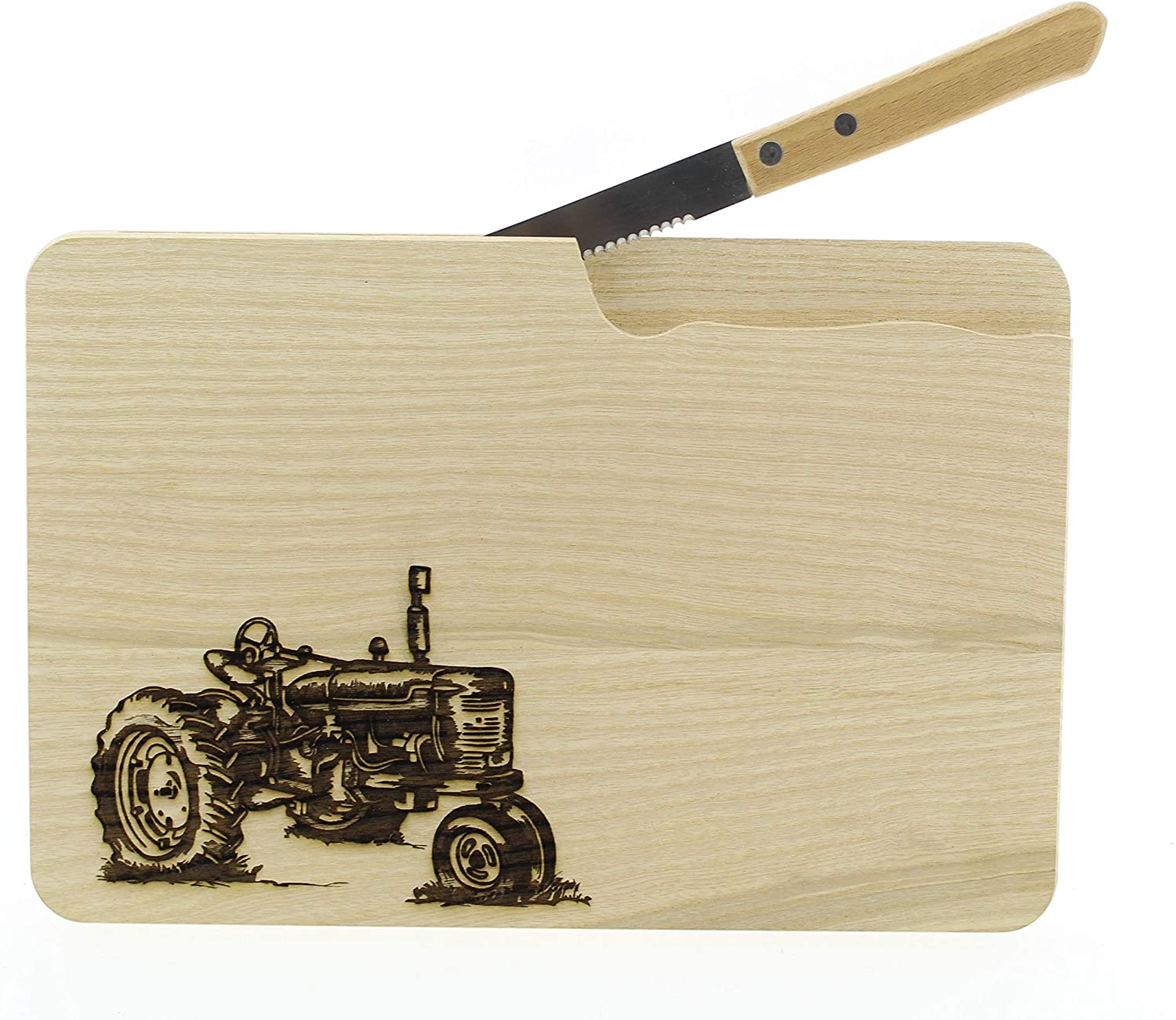 Schneidebrett mit Messer und Gravur, Brotzeitbrett Jausenbrett Holz ESCHE, Motiv für den Landwirt oder Traktorfan - Nostalgischer Traktor