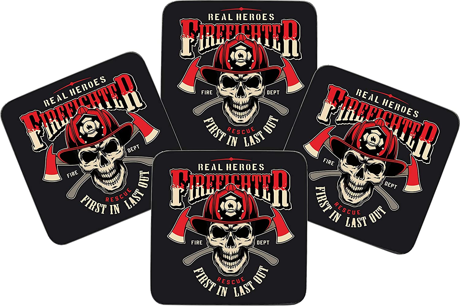 Untersetzer MDF/Kork - Bedruckt statt Gravur - 4er-Set - MDF-Platte 9,5cmx9,5cm - mit Korkrückseite zum Schutz - für den Feuerwehrmann - Firefighter