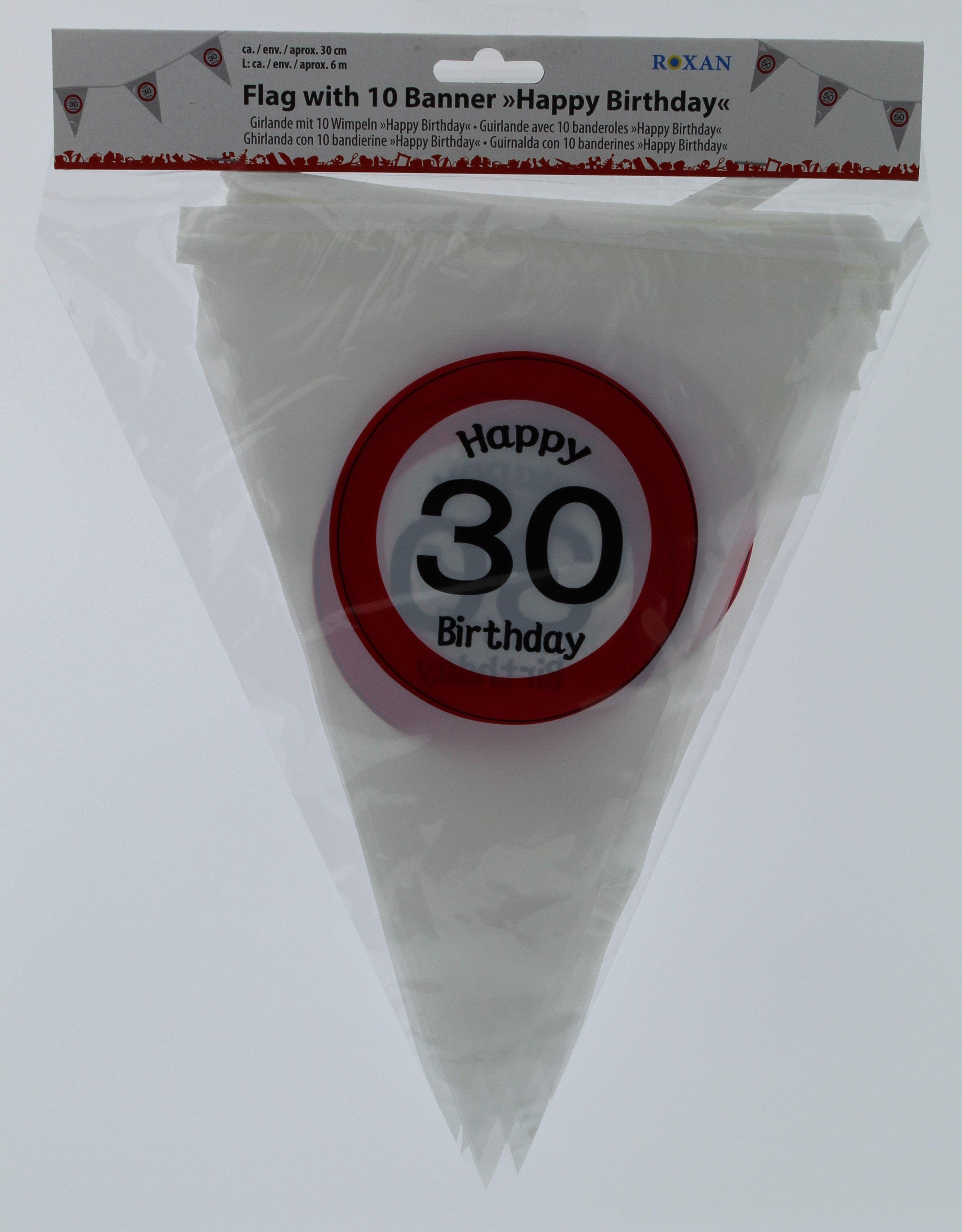 Geburtstag Wimpelgirlande 30 - DEKO zum 30. Geburtstag - Kunststoffwimpel Bedruckt mit Verkehrsschild Zahl 30 Happy Birthday