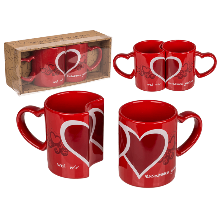 Tasse Kaffeebecher Set in Herzform für Romantiker und frisch verliebte - Herzförmige Tasse mit Aufdruck - Weil wir zusammen gehören