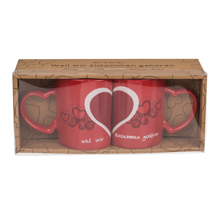 Tasse Kaffeebecher Set in Herzform für Romantiker und frisch verliebte - Herzförmige Tasse mit Aufdruck - Weil wir zusammen gehören